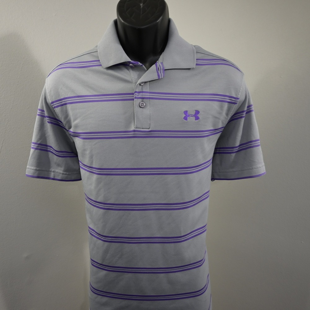 Under Armour Polo Shirt Mens Medium Gray Purple Striped Short Sleeve HeatGear - Picture 11 of 11